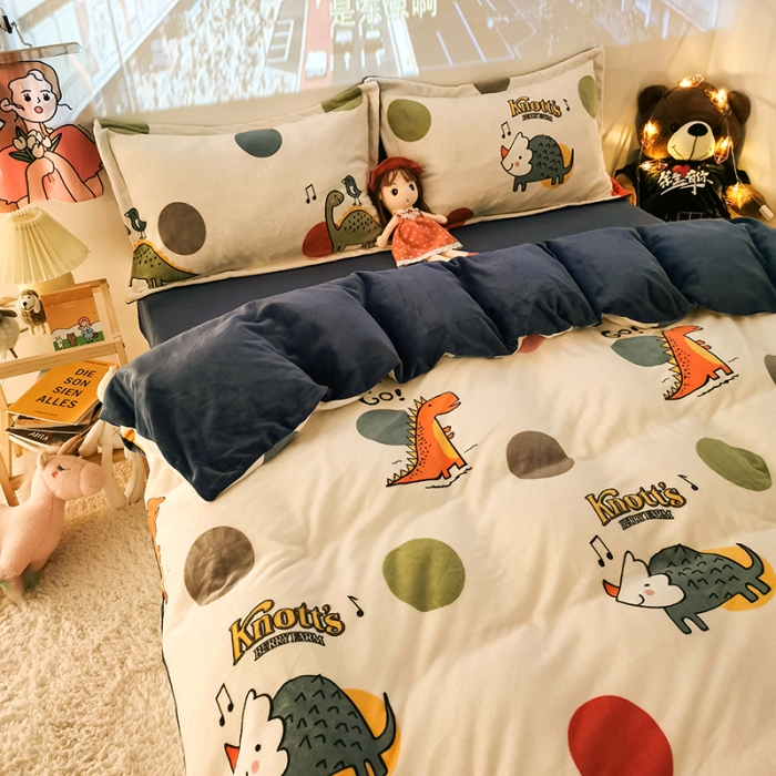 91家纺网 家纺一手货源 找家纺 HL原创 2020新款牛奶绒四件套 波点恐龙