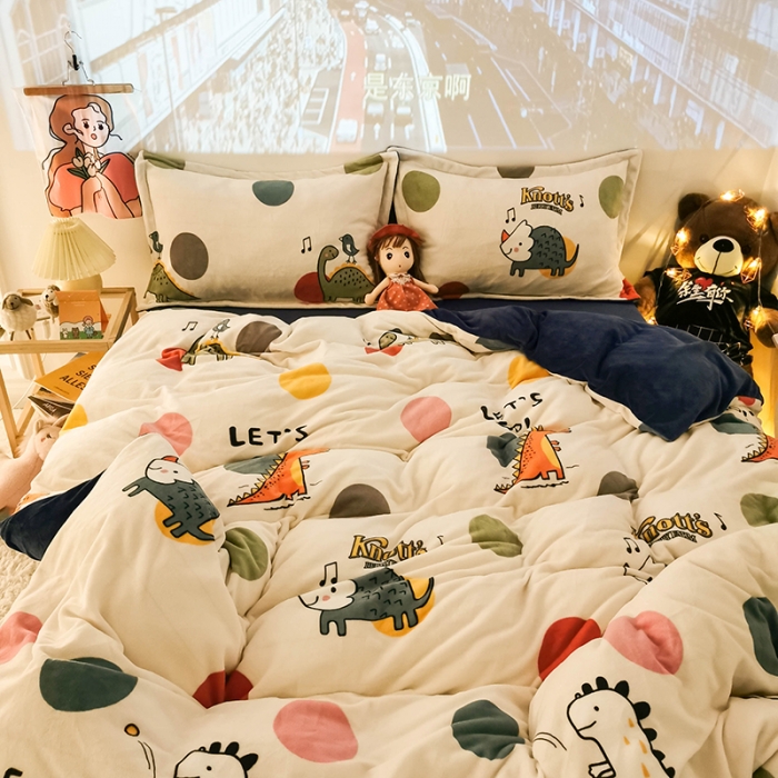 91家纺网 家纺一手货源 找家纺 HL原创 2020新款牛奶绒四件套 波点恐龙