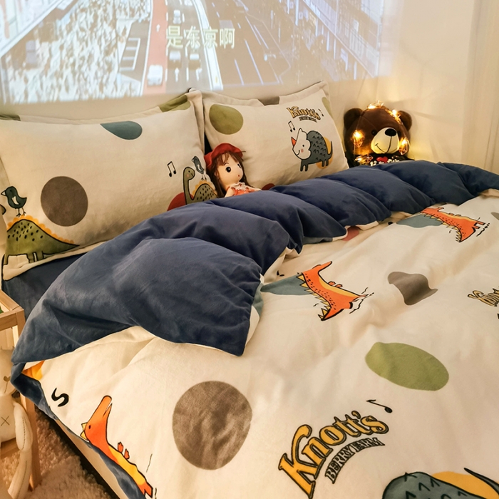 91家纺网 家纺一手货源 找家纺 HL原创 2020新款牛奶绒四件套 波点恐龙