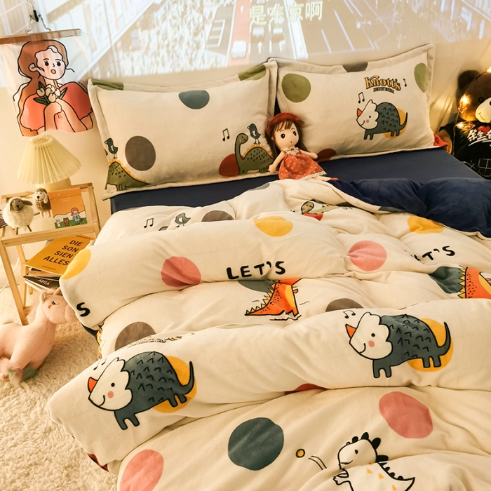 91家纺网 家纺一手货源 找家纺 HL原创 2020新款牛奶绒四件套 波点恐龙