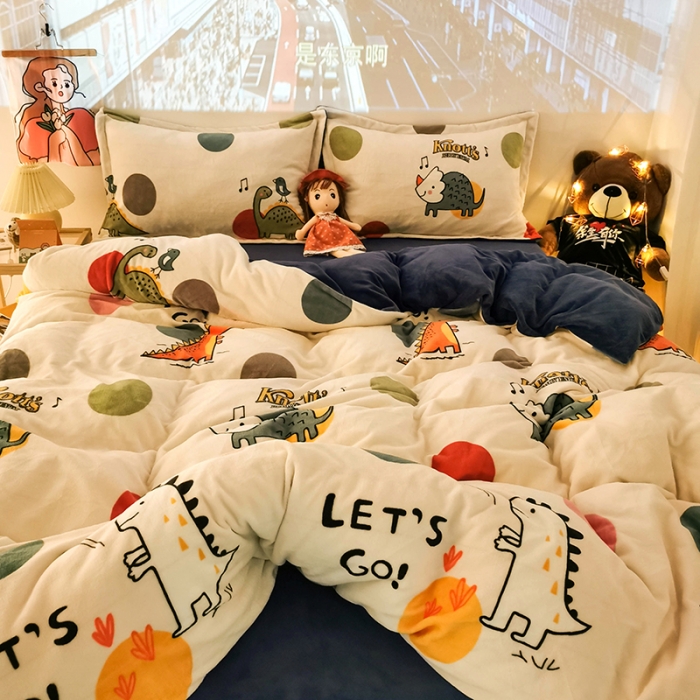 91家纺网 家纺一手货源 找家纺 HL原创 2020新款牛奶绒四件套 波点恐龙