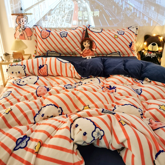 91家纺网 家纺一手货源 找家纺 HL原创 2020新款牛奶绒四件套 乖乖熊粉