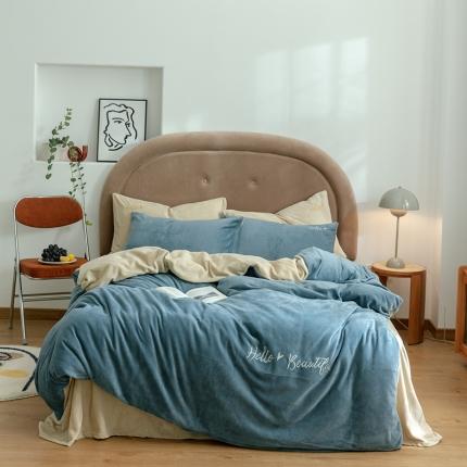 91家纺网 家纺一手货源 找家纺 寐眠 2020新款牛奶绒四件套HelloLife-米白拼雾蓝