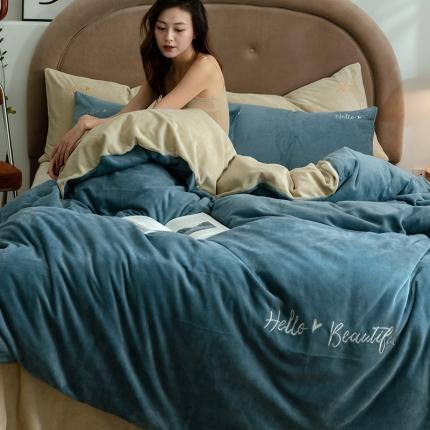 寐眠 2020新款牛奶绒四件套HelloLife-米白拼雾蓝