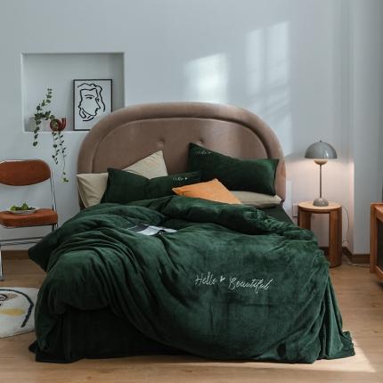 91家纺网 家纺一手货源 找家纺 寐眠 2020新款牛奶绒四件套 HelloLife-墨绿