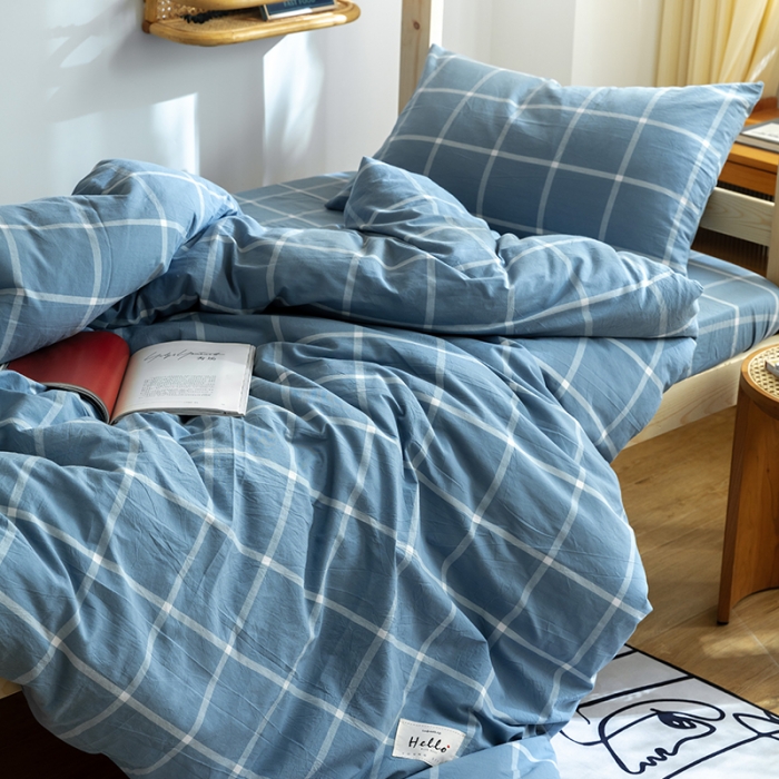 91家纺网 家纺一手货源 找家纺 寐眠 2021新款全棉水洗棉无印学生三件套四件套 海蓝大格