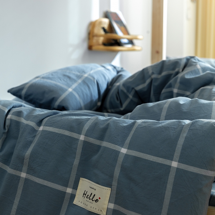 91家纺网 家纺一手货源 找家纺 寐眠 2021新款全棉水洗棉无印学生三件套四件套 海蓝大格