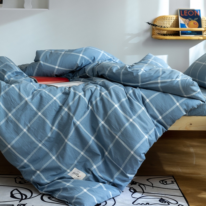 91家纺网 家纺一手货源 找家纺 寐眠 2021新款全棉水洗棉无印学生三件套四件套 海蓝大格