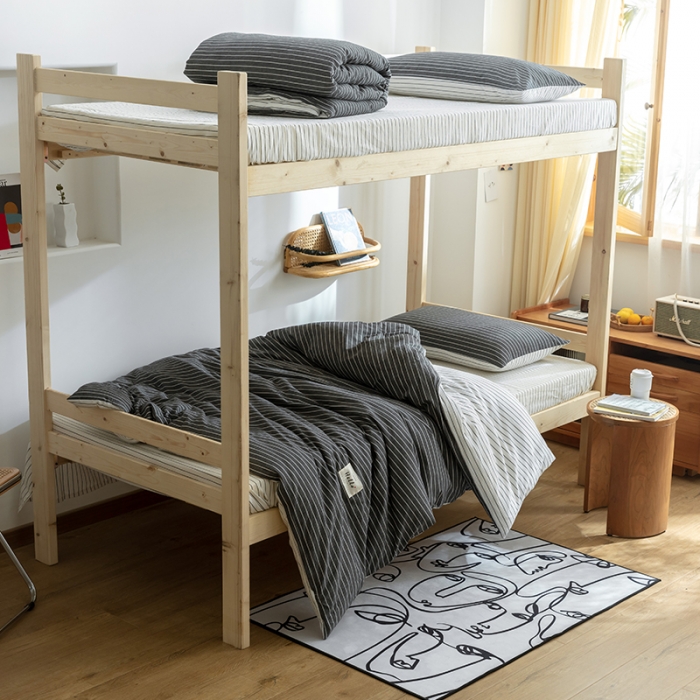 91家纺网 家纺一手货源 找家纺 寐眠 2021新款全棉水洗棉无印学生三件套四件套 灰白细条