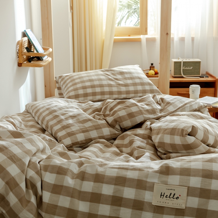 91家纺网 家纺一手货源 找家纺 寐眠 2021新款全棉水洗棉无印学生三件套四件套 米中格