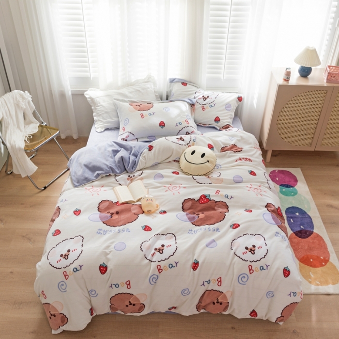 91家纺网 家纺一手货源 找家纺 柚子 2020新款牛奶绒印花大版四件套 泡泡熊