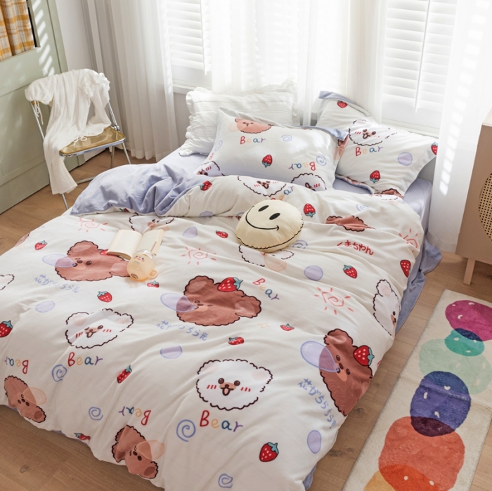 91家纺网 家纺一手货源 找家纺 柚子 2020新款牛奶绒印花大版四件套 泡泡熊