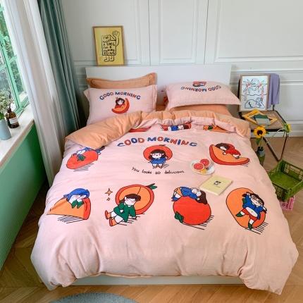 91家纺网 家纺一手货源 找家纺 柚子 2020新款牛奶绒印花大版四件套 橘子女孩