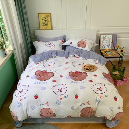 91家纺网 家纺一手货源 找家纺 柚子 2020新款牛奶绒印花大版四件套 泡泡熊