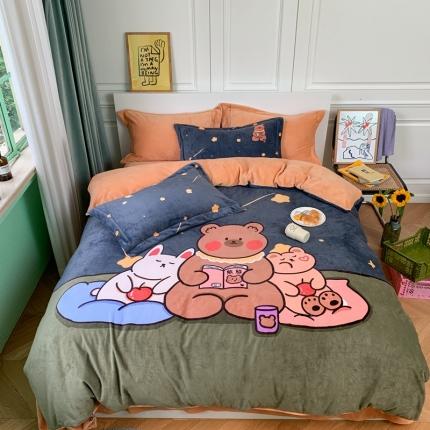 91家纺网 家纺一手货源 找家纺 柚子 2020新款牛奶绒印花大版四件套 晚安熊