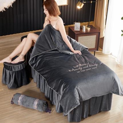 91家纺网 家纺一手货源 找家纺 诗薇娅 2020新款牛奶绒美容床罩四件套 刺绣太古灰