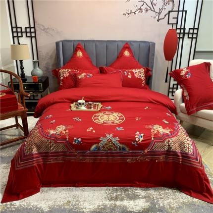 橘滋 2021新款高定婚嫁AB版全棉提花四件套 麒麟送子