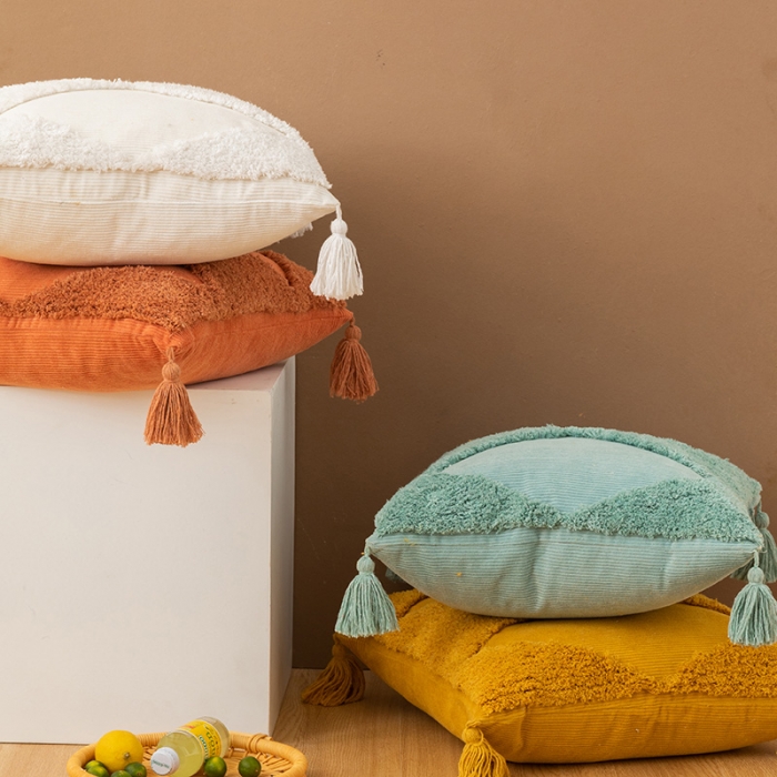 91家纺网 家纺一手货源 找家纺 （总）美茉家居 2020新款灯芯绒簇绒绣流苏抱枕