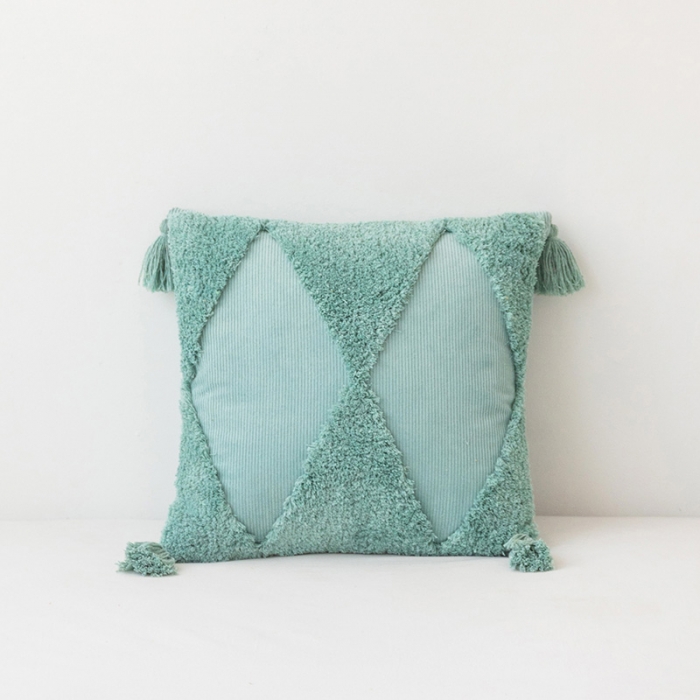 91家纺网 家纺一手货源 找家纺 美茉家居 2020新款灯芯绒簇绒绣流苏抱枕 豆青