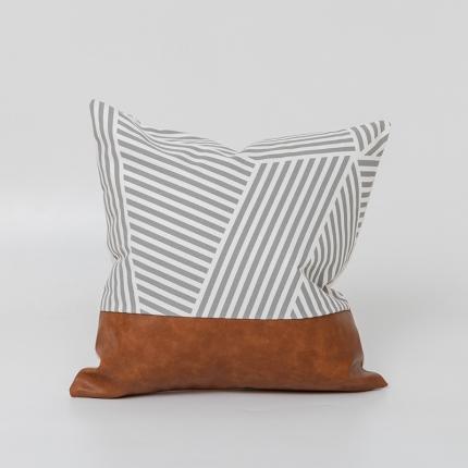 美茉家居 2020新款皮革帆布双拼系列抱枕 灰斜条