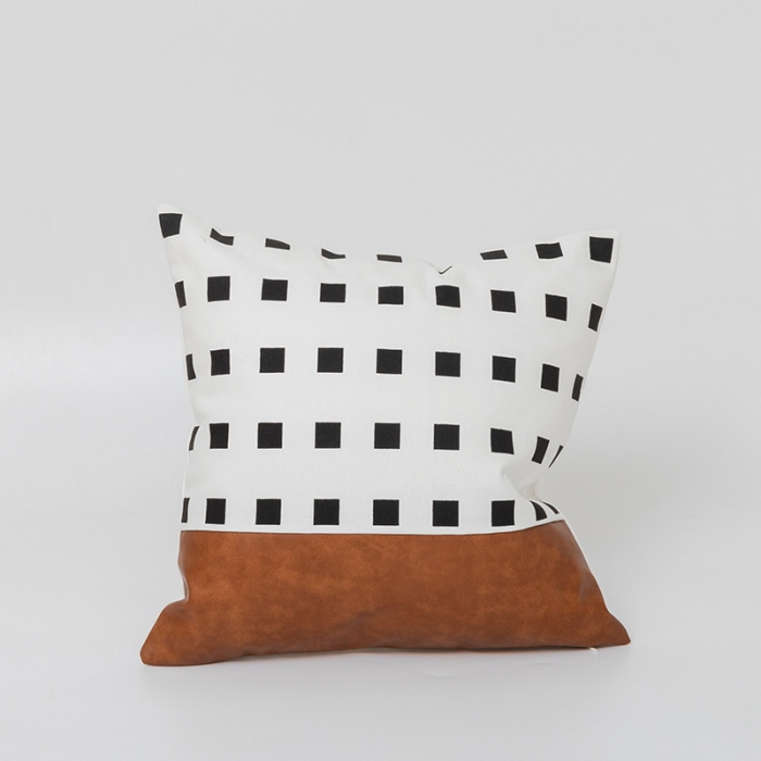 91家纺网 家纺一手货源 找家纺 美茉家居 2020新款皮革帆布双拼系列抱枕 小方格