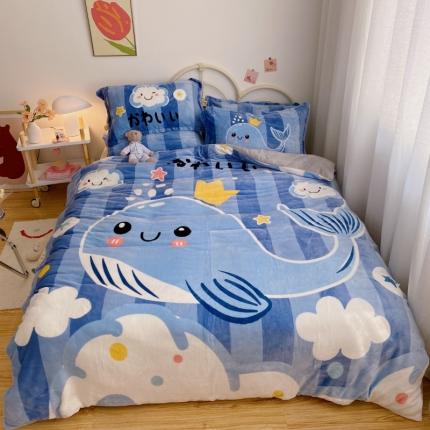 91家纺网 家纺一手货源 找家纺 川悦生活 2020新款法莱绒大版卡通四件套 天空鲸