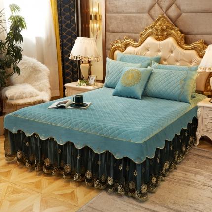 91家纺网 家纺一手货源 找家纺 菊上2021新款加厚水晶绒刺绣单床裙金色年华系列 梦蓝