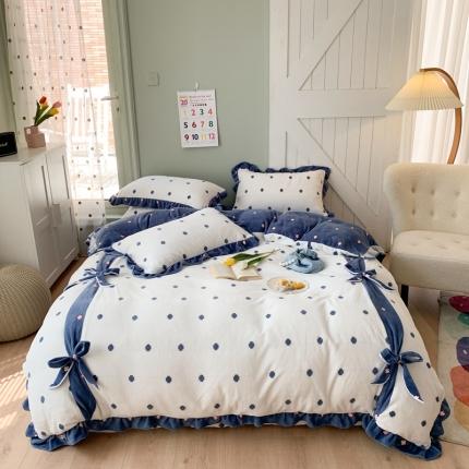 91家纺网 家纺一手货源 找家纺 眠屿 2020新款牛奶绒四件套 幸运四叶草-蓝