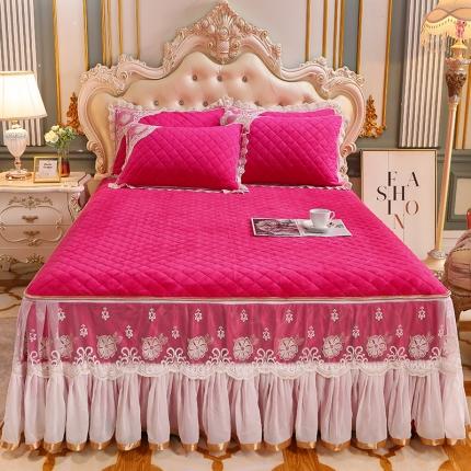 91家纺网 家纺一手货源 找家纺 网红馆 2025新款水晶绒蕾丝单品床裙被套枕套 玫红