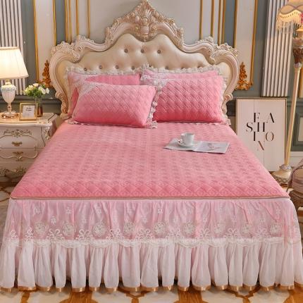 91家纺网 家纺一手货源 找家纺 网红馆 2025新款水晶绒蕾丝单品床裙被套枕套 仙粉