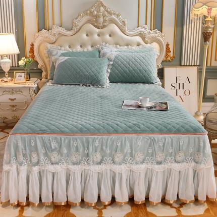 网红馆 2025新款水晶绒蕾丝单品床裙被套枕套 冰清