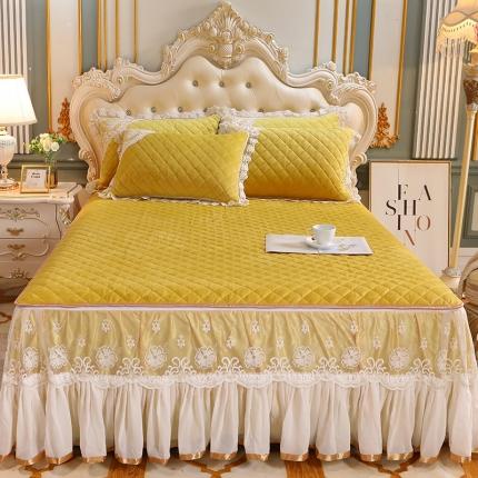 网红馆 2025新款水晶绒蕾丝单品床裙被套枕套 鹅黄