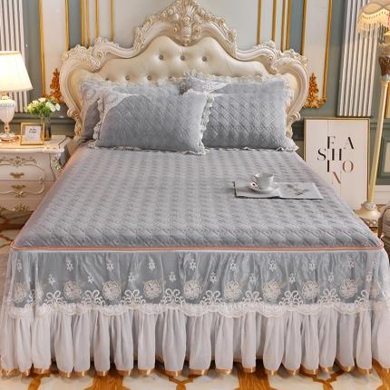 网红馆 2025新款水晶绒蕾丝单品床裙被套枕套 雅致灰