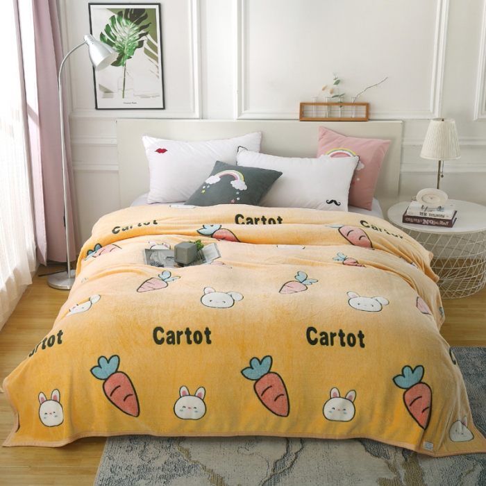 91家纺网 家纺一手货源 找家纺 好艺佳新款240克雪花绒毯法莱绒毯床单加厚毛毯兔子萌-黄