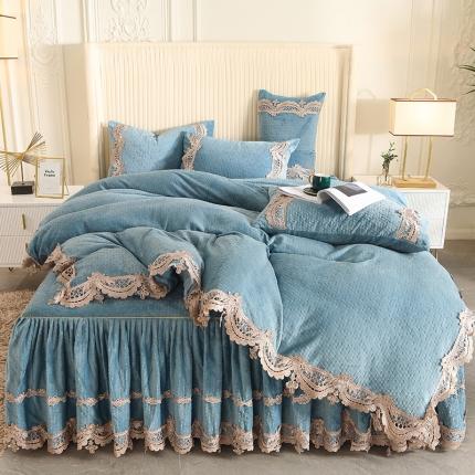 网红馆 2025新款牛奶绒雕花床裙四件套 莫兰迪-苍兰