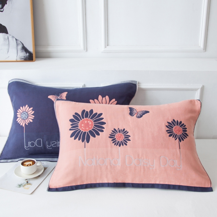 91家纺网 家纺一手货源 找家纺 朴尔 2020新款多彩全棉六层纱布大版花枕巾 蝶恋花橘