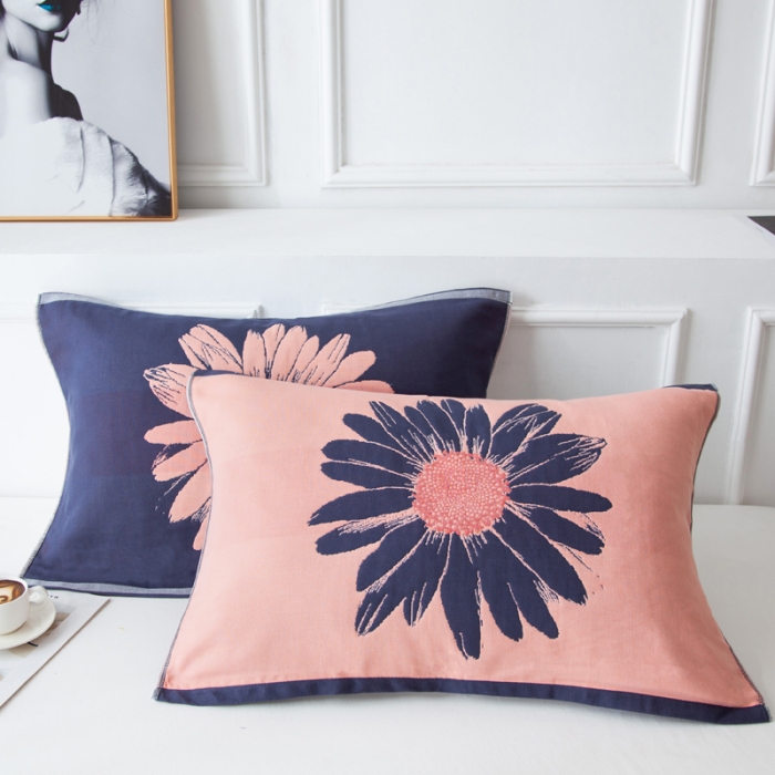 91家纺网 家纺一手货源 找家纺 朴尔 2020新款多彩全棉六层纱布大版花枕巾 墨菊橘