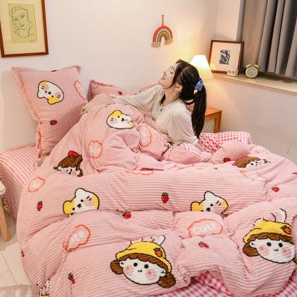 91家纺网 家纺一手货源 找家纺 牛奶绒四件套双面金貂法莱水晶魔法宝宝雕花绒被套