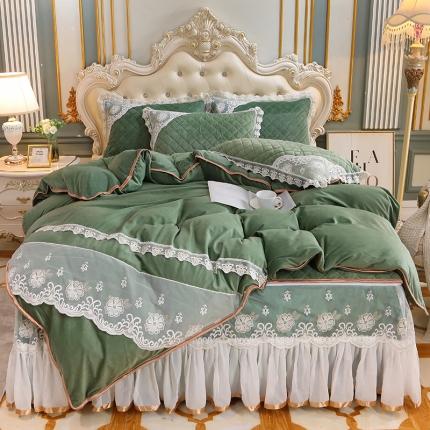 91家纺网 家纺一手货源 找家纺 网红馆 2025新款水晶绒蕾丝床裙四件套 橄榄