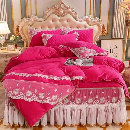 91家纺网 家纺一手货源 找家纺 网红馆 2025新款水晶绒蕾丝床裙四件套 玫红