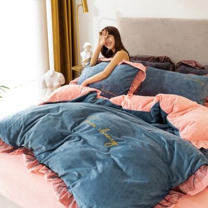 蓝巢 2020新款水晶绒蕾丝边四件套 绒-宾利蓝浅粉