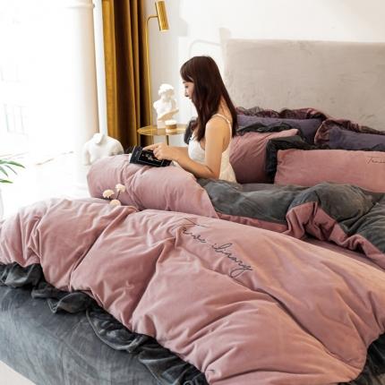 蓝巢 2020新款水晶绒蕾丝边四件套 绒-豆沙深灰