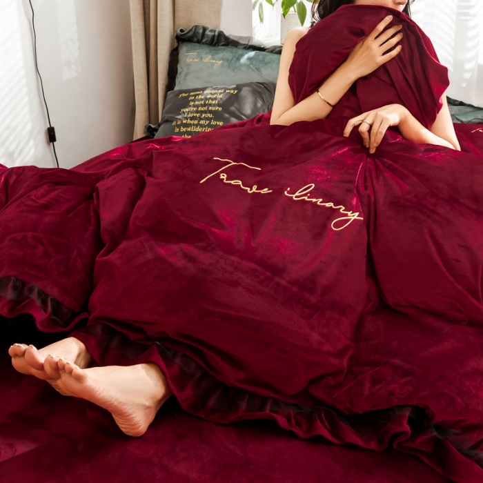 91家纺网 家纺一手货源 找家纺 蓝巢 2020新款水晶绒蕾丝边四件套 绒-酒红