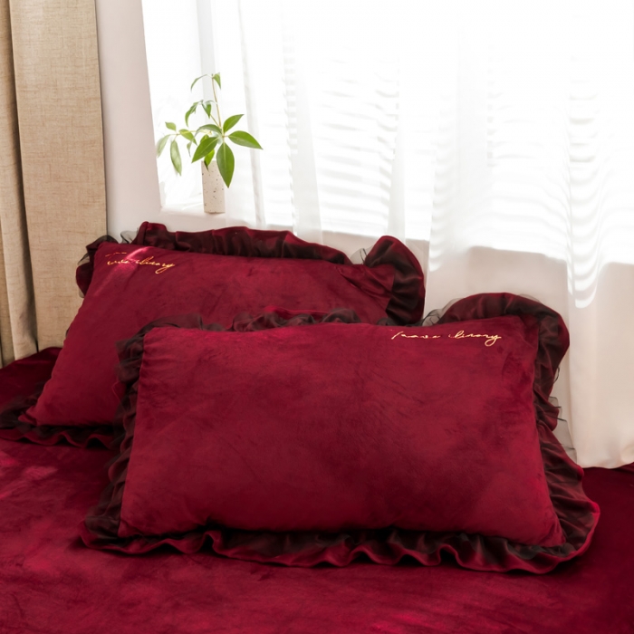 91家纺网 家纺一手货源 找家纺 蓝巢 2020新款水晶绒蕾丝边四件套 绒-酒红