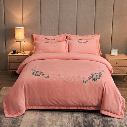 91家纺网 家纺一手货源 找家纺 2024新款220克加厚牛奶绒毛巾绣一字绣四件套前程似锦粉玉