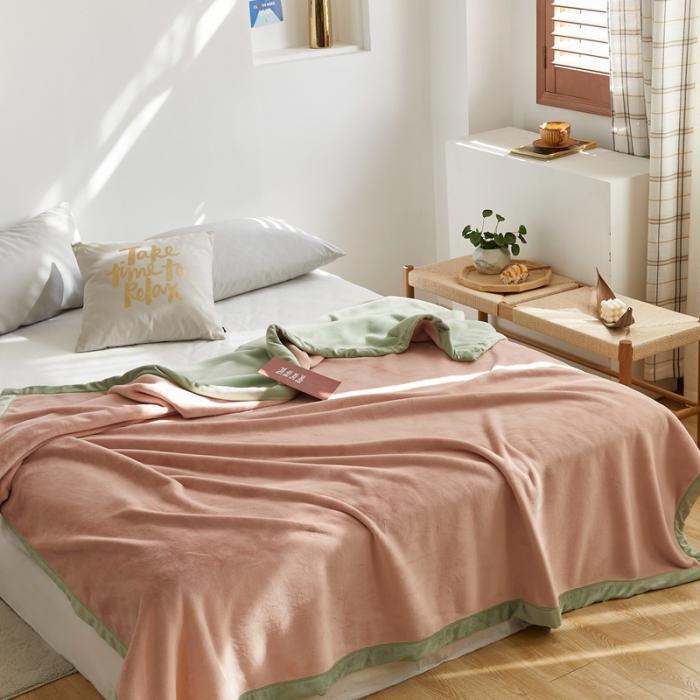 91家纺网 家纺一手货源 找家纺 法芙娜家纺 新品 AB复合毯 牛奶绒加厚毛毯 粉绿