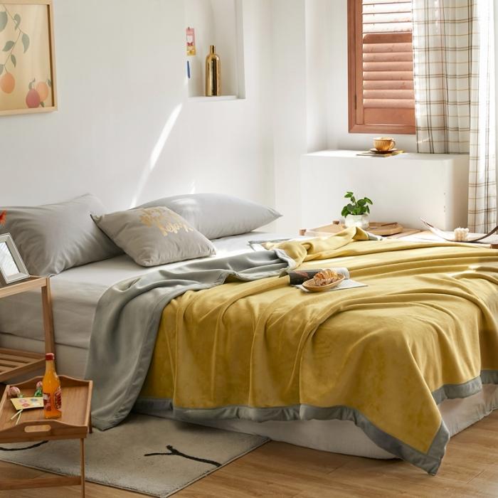 91家纺网 家纺一手货源 找家纺 法芙娜家纺  新品 AB复合毯 牛奶绒加厚毛毯 黄灰