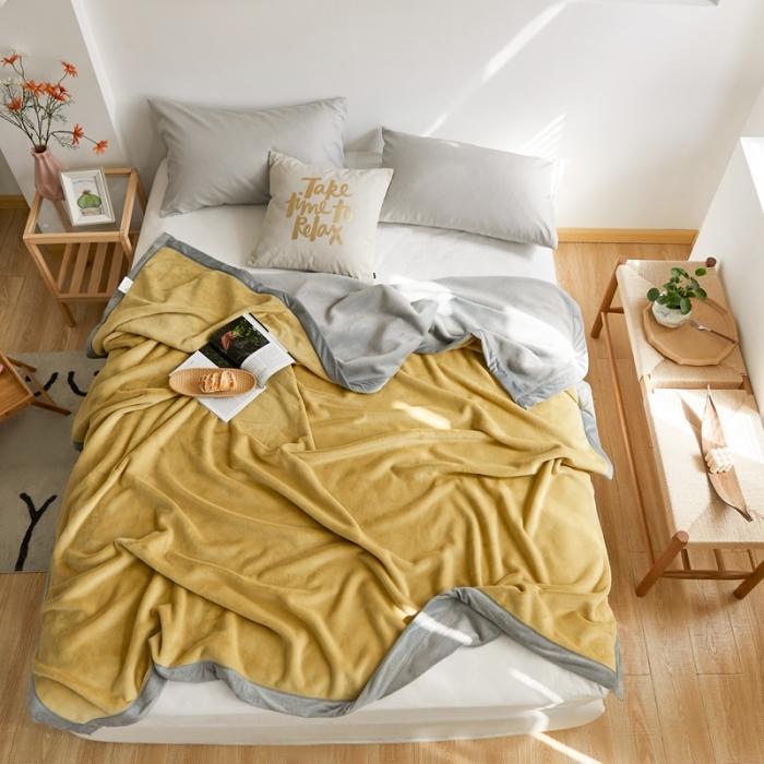 91家纺网 家纺一手货源 找家纺 法芙娜家纺  新品 AB复合毯 牛奶绒加厚毛毯 黄灰