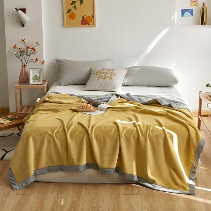 91家纺网 家纺一手货源 找家纺 法芙娜家纺  新品 AB复合毯 牛奶绒加厚毛毯 黄灰