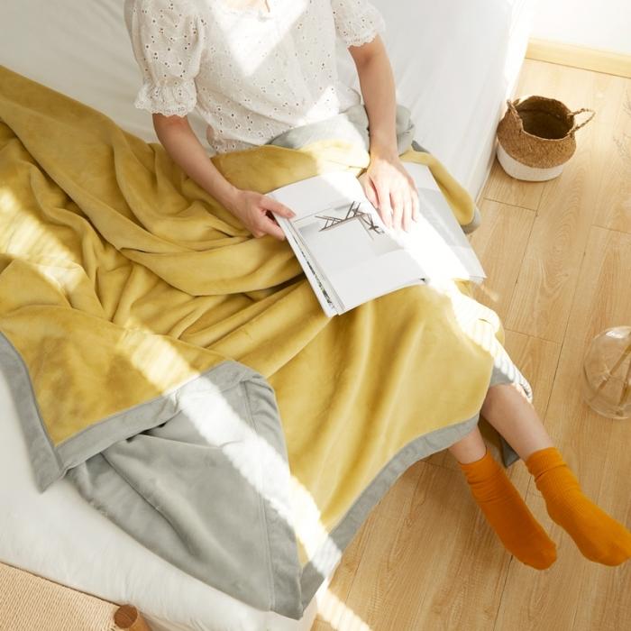 91家纺网 家纺一手货源 找家纺 法芙娜家纺  新品 AB复合毯 牛奶绒加厚毛毯 黄灰